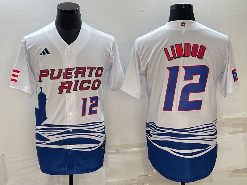 Men 2023 World Cub #12 Lindor White MLB Jersey->more jerseys->MLB Jersey
